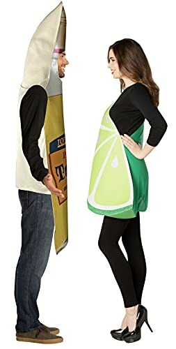 Two people in beer bottle and lime slice costumes facing each other.