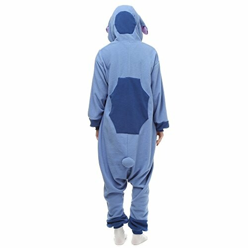 Person wearing a blue animal onesie with a hood, viewed from the back.