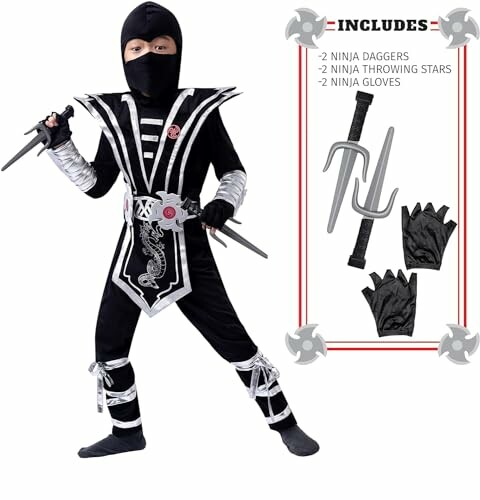 Child in a ninja costume with accessories including daggers, throwing stars, and gloves.