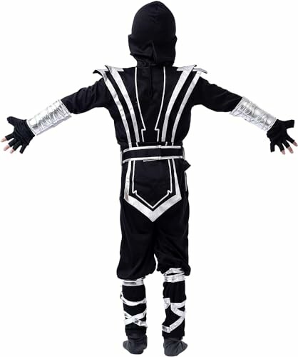 Child in black and silver ninja costume with hood.