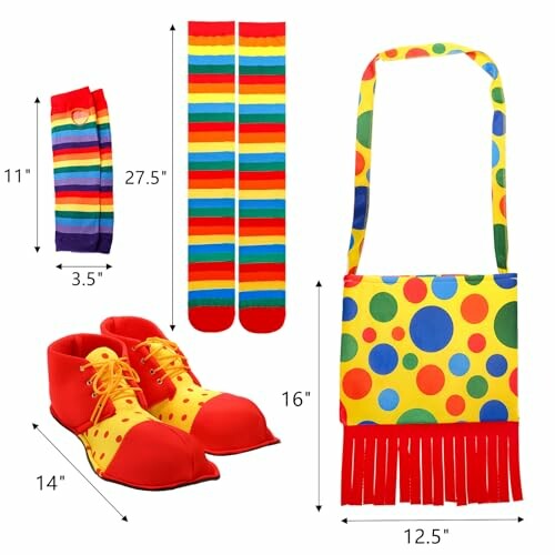 Clown costume set with colorful socks, oversized shoes, and a polka dot bag.