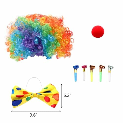 Clown costume accessories including a rainbow wig, red nose, bow tie, and party blowers.