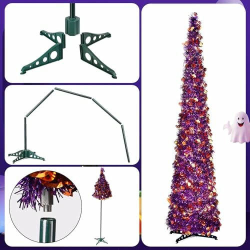 Collapsible purple Halloween tree with stand, assembly steps, and ghost decoration.