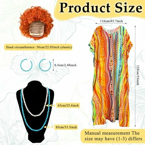 Colorful dress with wig, hoop earrings, and necklaces, showing measurements.