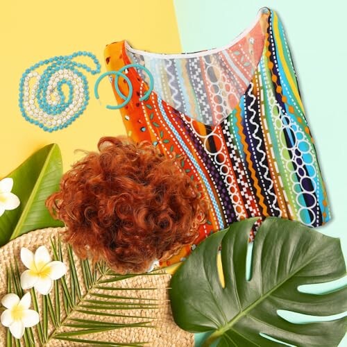 Colorful summer outfit with patterned dress, curly hair wig, blue necklace, and tropical leaves.