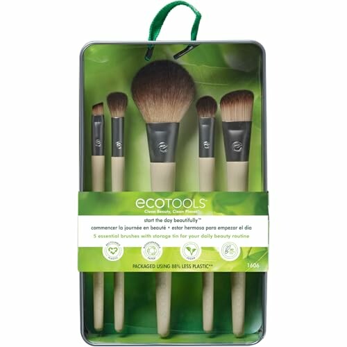 EcoTools makeup brush set in packaging with five brushes.