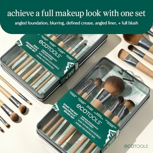 EcoTools makeup brush set with various brushes in a tin box.