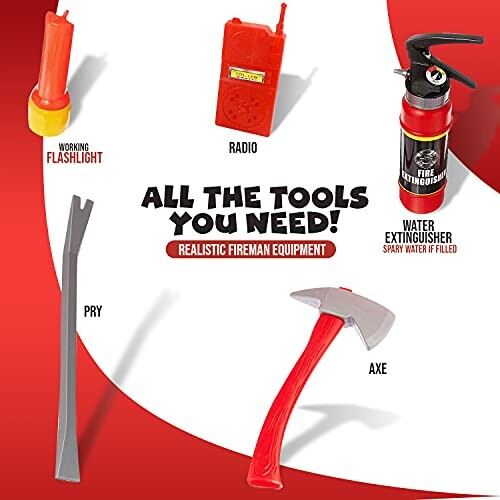 Toy set of fireman tools including flashlight, radio, fire extinguisher, pry bar, and axe.