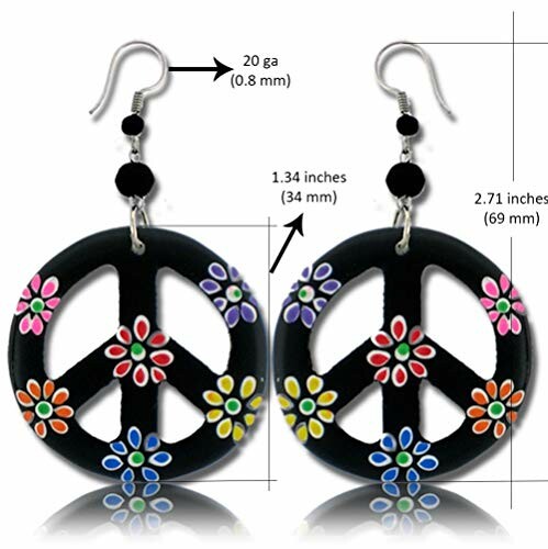 Colorful floral peace sign earrings with measurements