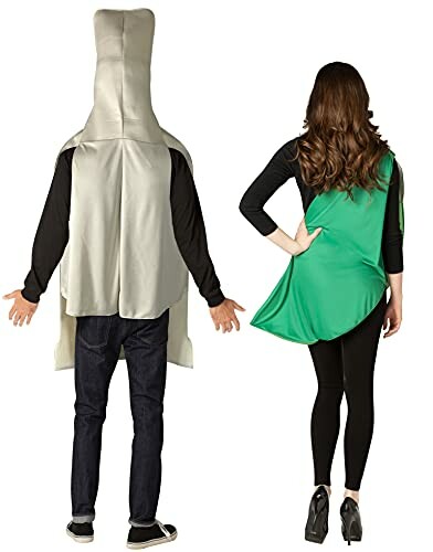 Couple wearing humorous costumes, one shaped like a finger and the other in a green dress.