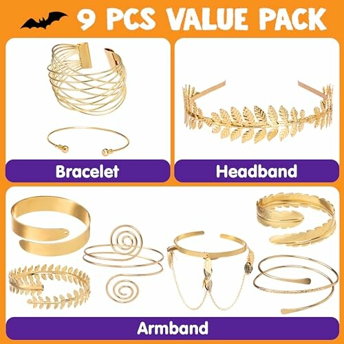 Set of 9 gold costume accessories including bracelets, headbands, and armbands.