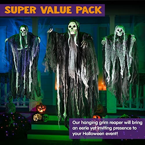 Hanging grim reaper Halloween decoration set with eerie lighting.