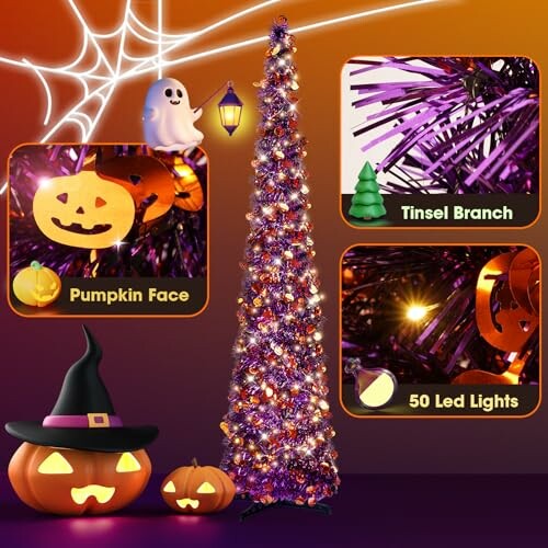 Halloween-themed tree with purple tinsel, pumpkin faces, and LED lights.