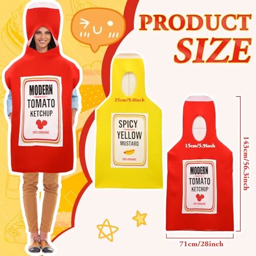 Ketchup and mustard bottle costumes with size dimensions.