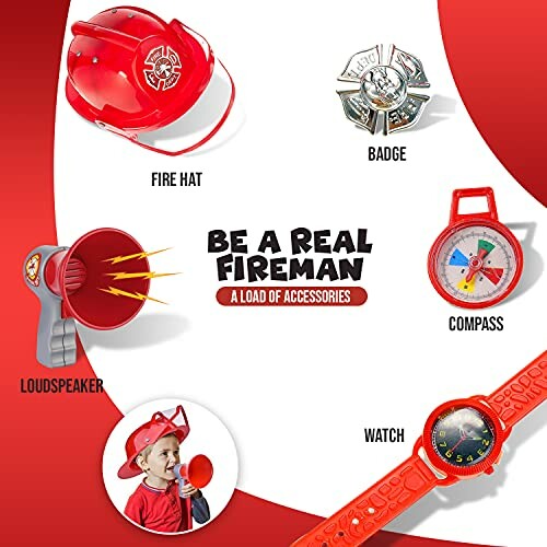 Kids fireman toy set with fire hat, badge, compass, loudspeaker, and watch.