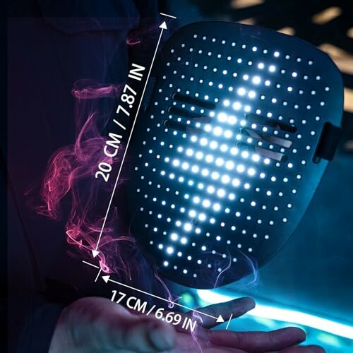 LED light therapy mask with measurements and glowing effect.