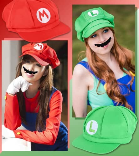 Two people in Mario and Luigi costumes with hats and fake mustaches.