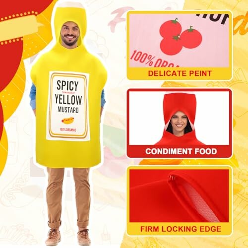 Person wearing a mustard bottle costume with condiment-themed design elements.