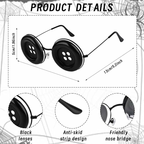 Black button-shaped novelty glasses with product details.