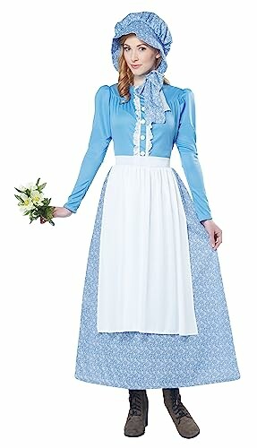 Woman in blue pioneer costume holding flowers