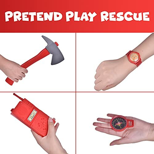 Children's pretend play rescue toy set with axe, watch, walkie-talkie, and compass.