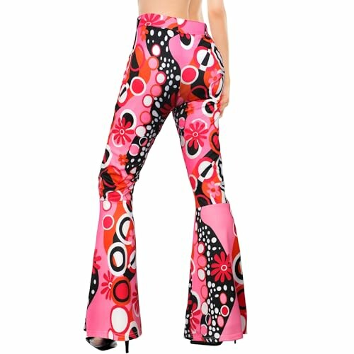 Person wearing colorful retro floral bell-bottom pants.