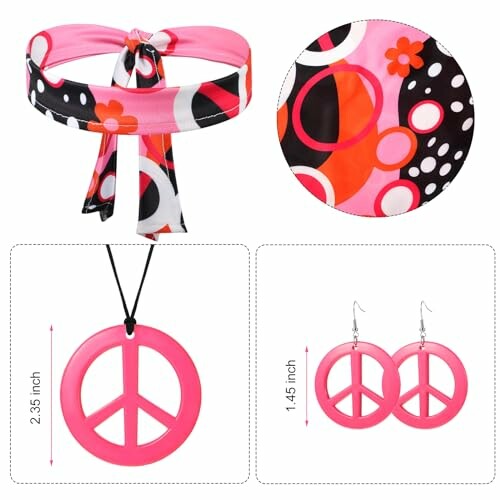 Retro peace sign accessories set with headband, necklace, and earrings.