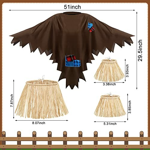 Scarecrow costume set with brown poncho and straw skirts, dimensions included.