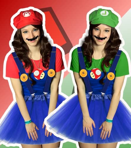 Two women in Mario and Luigi costumes with mustaches and blue skirts.