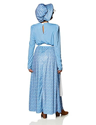 Woman in blue pioneer dress with bonnet, viewed from the back.